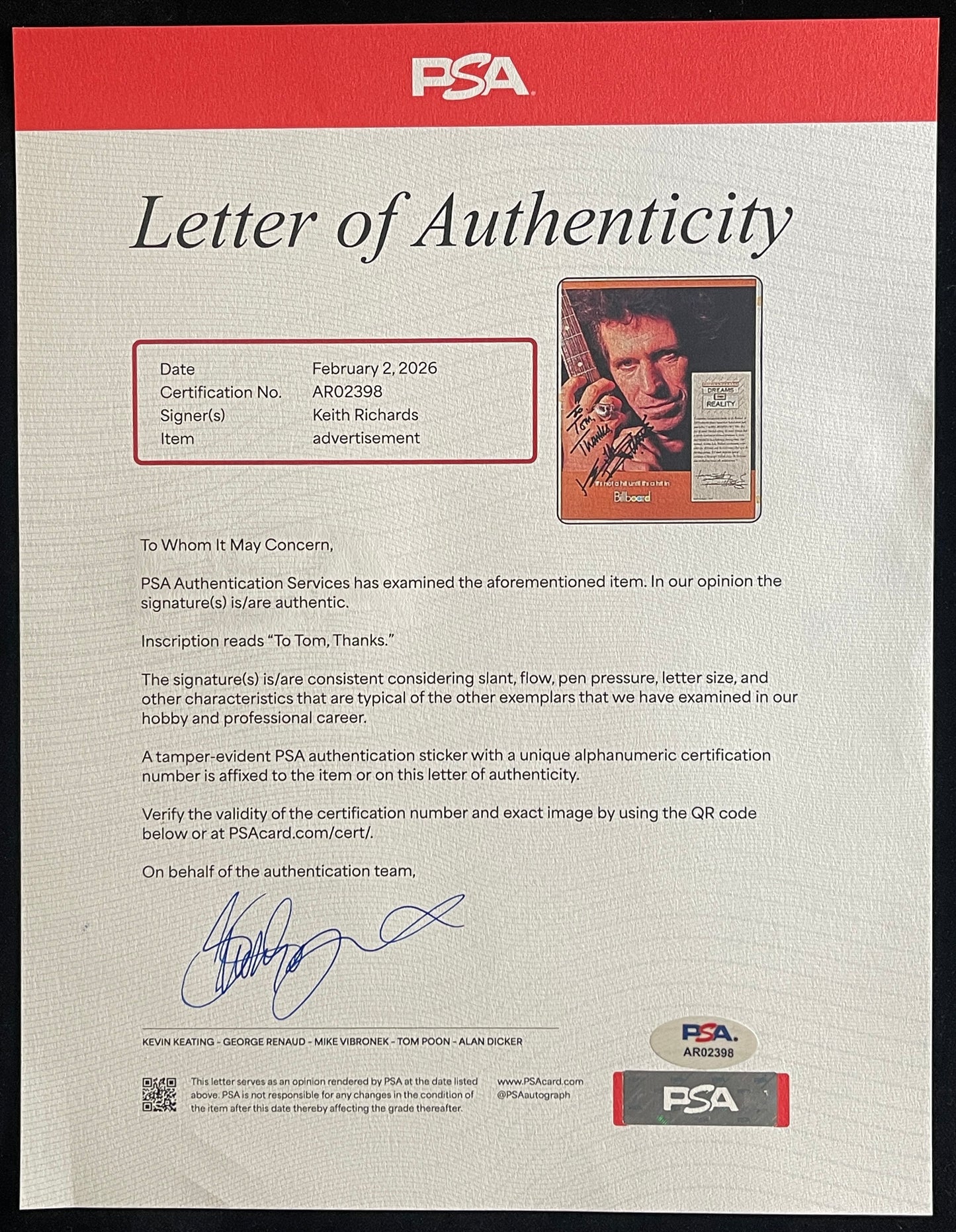 Keith Richards Signed/Inscribed 11.5x14 Billboard Magazine Photo PSA/DNA 205166