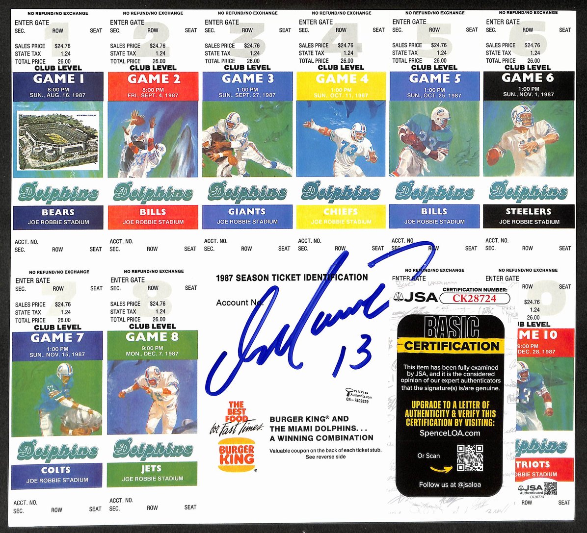 Dan Marino HOF Signed/Autographed 1987 Season Ticket Unused Sheet JSA 206107