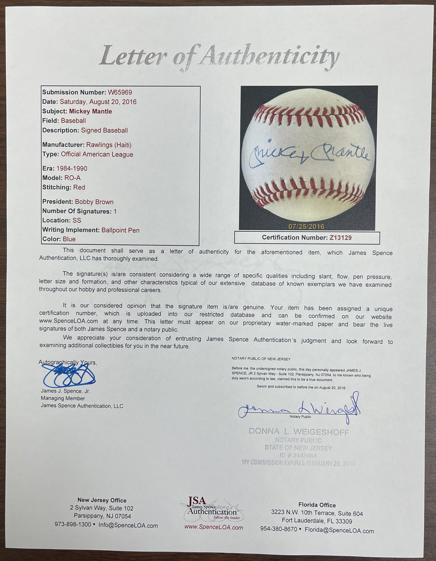 Mickey Mantle Single-Signed/Auto OAL/Brown Baseball Full JSA LOA 205157