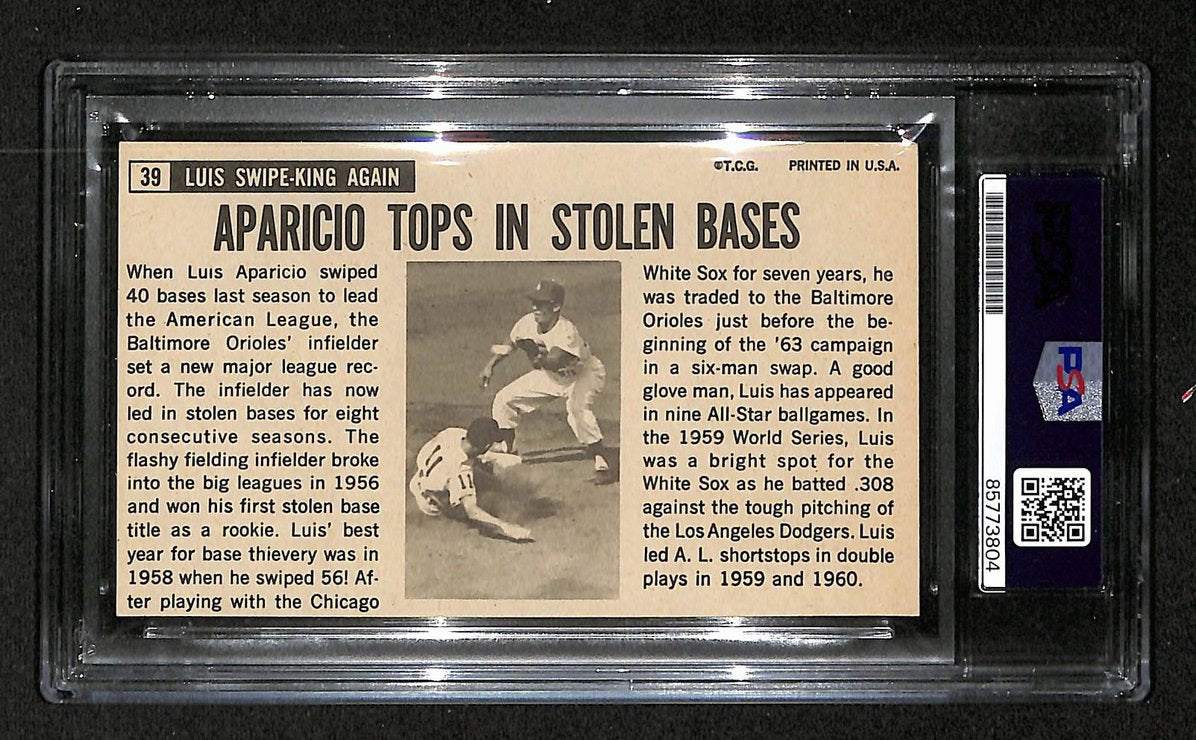 Luis Aparicio HOF Signed/Auto 1964 TOPPS Giants Card #39 Orioles PSA/DNA 205202