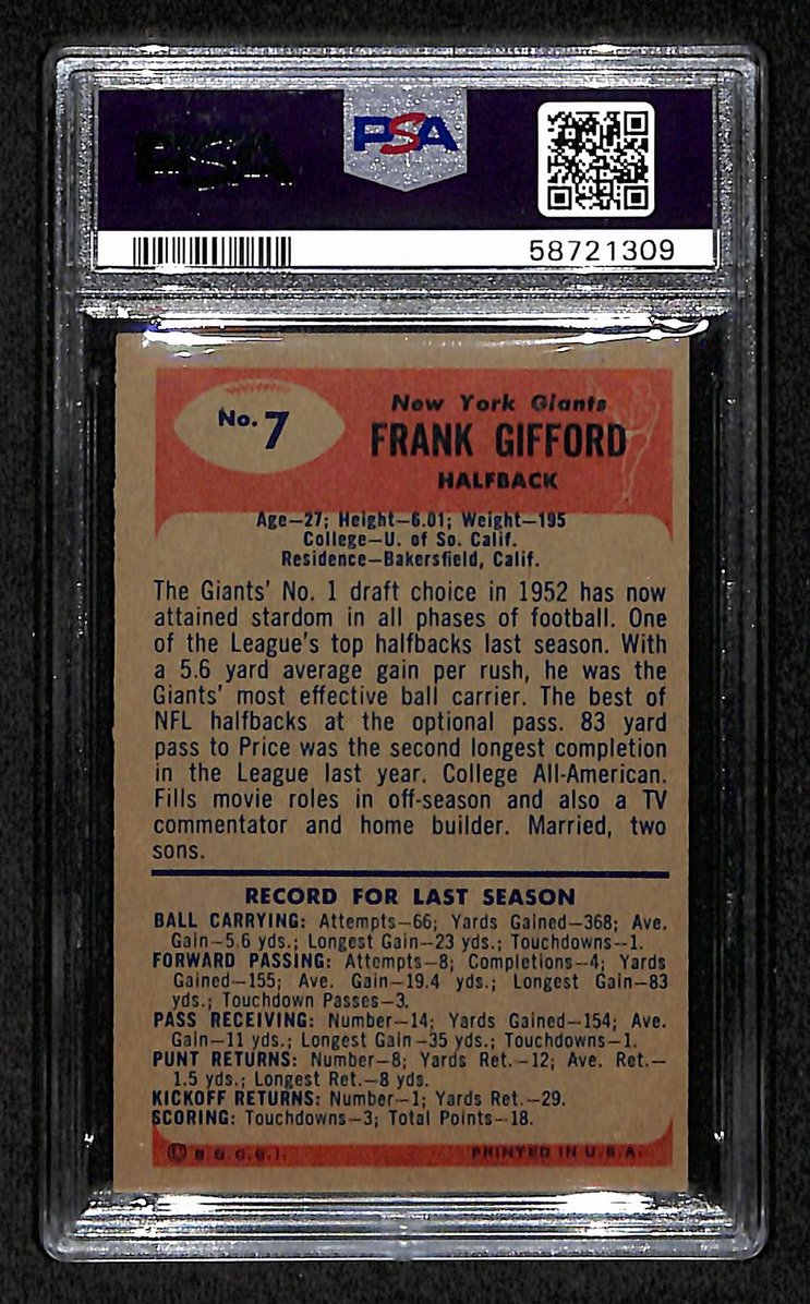 Frank Gifford 1955 Bowman Card # 7 Baltimore Colts PSA 5 BA207574