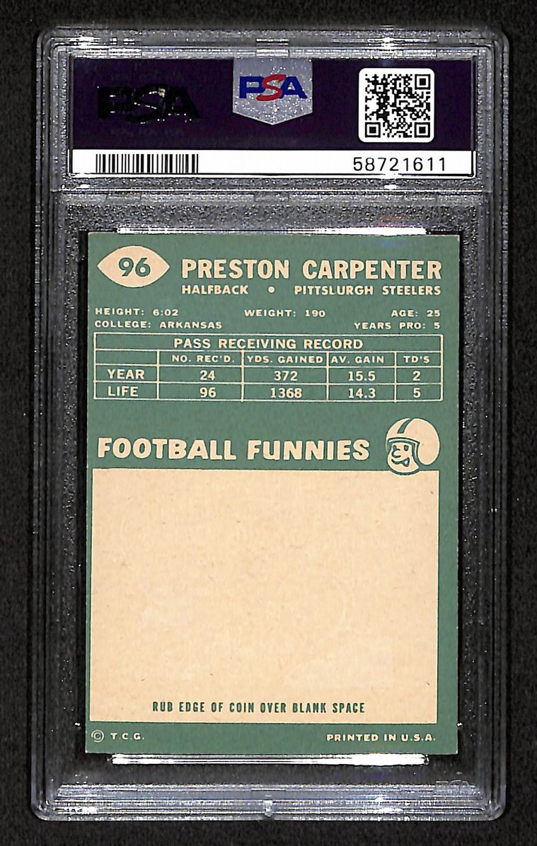 Preston Carpenter 1960 Topps Card # 96 Pittsburgh Steelers PSA 6 BA207584