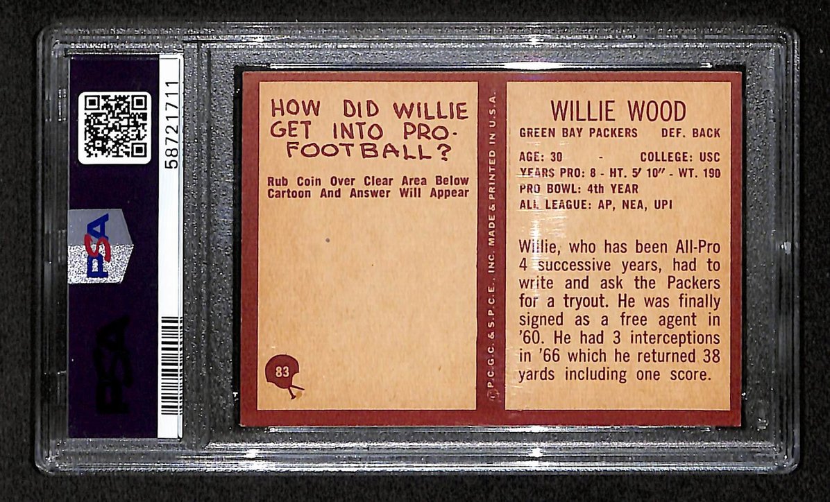 Willie Wood 1967 Philadelphia Card # 83 Green Bay Packers PSA 6 BA207599