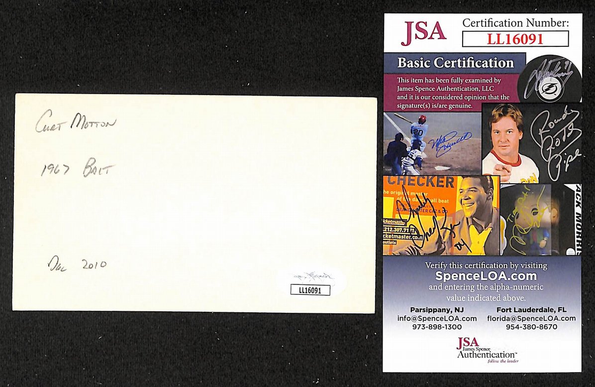Curt Motton Orioles Autographed/Signed 3x5 Index Card JSA BA205716