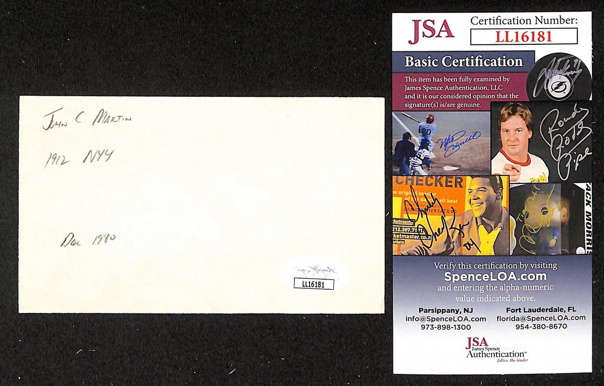 John Martin Yankees Autographed/Signed 3x5 Index Card JSA BA205738