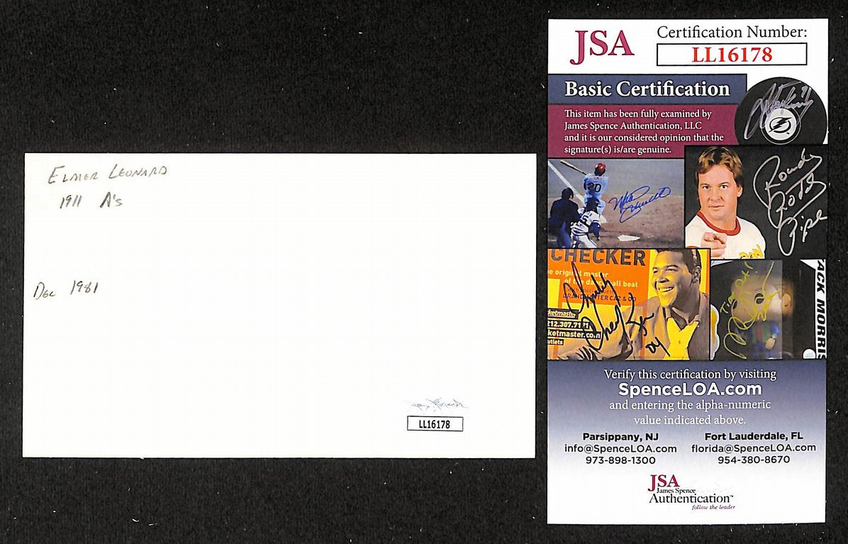 Elmer Leonard Athletics Autographed/Signed 3x5 Index Card JSA BA205739