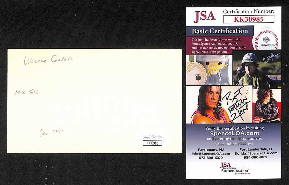 Walker Cooper Braves Autographed/Signed 3x5 Index Card JSA BA205757