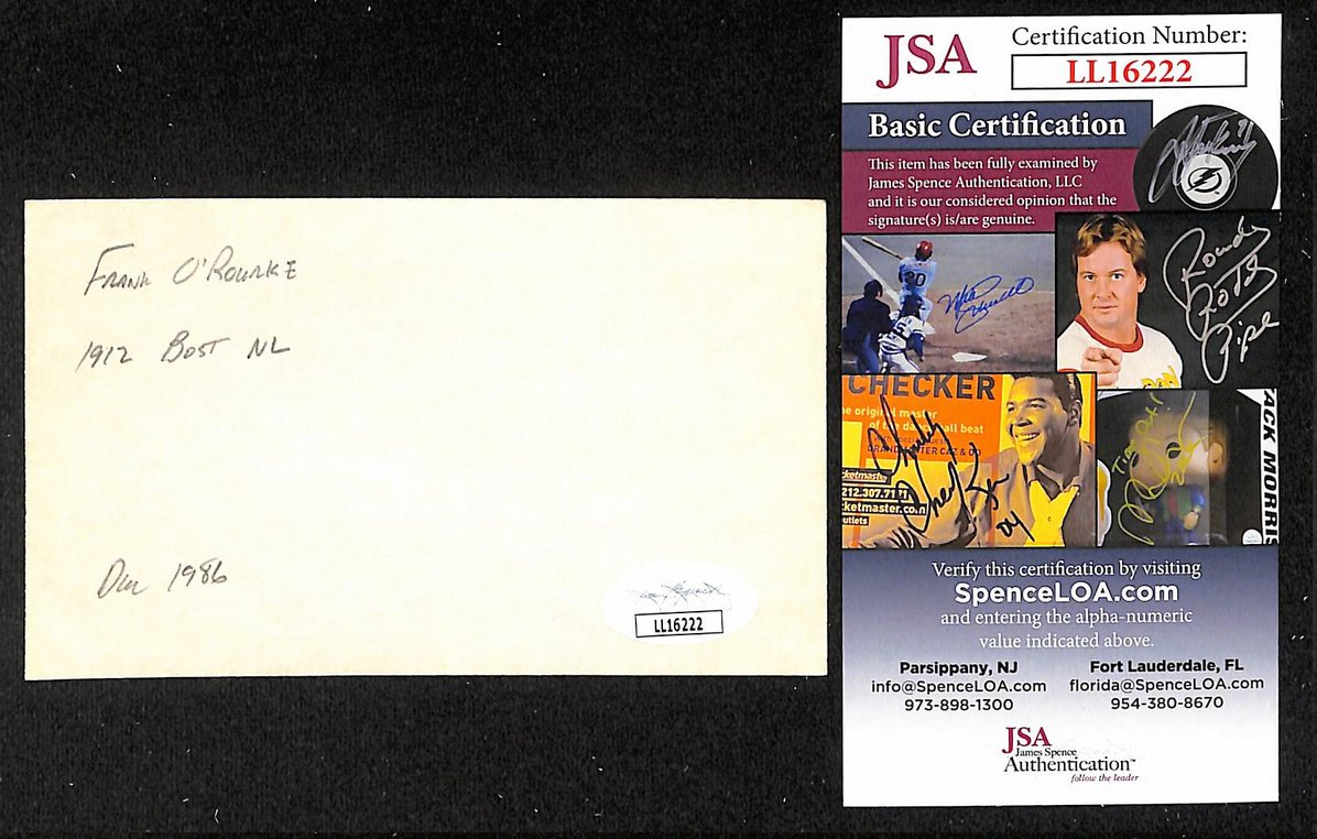 Frank O'Rourke Red Sox Autographed/Signed 3x5 Index Card JSA BA205763