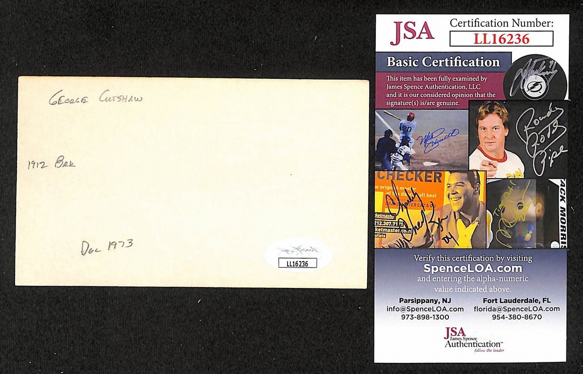 George Cutshaw Tigers Autographed/Signed 3x5 Index Card JSA BA207671