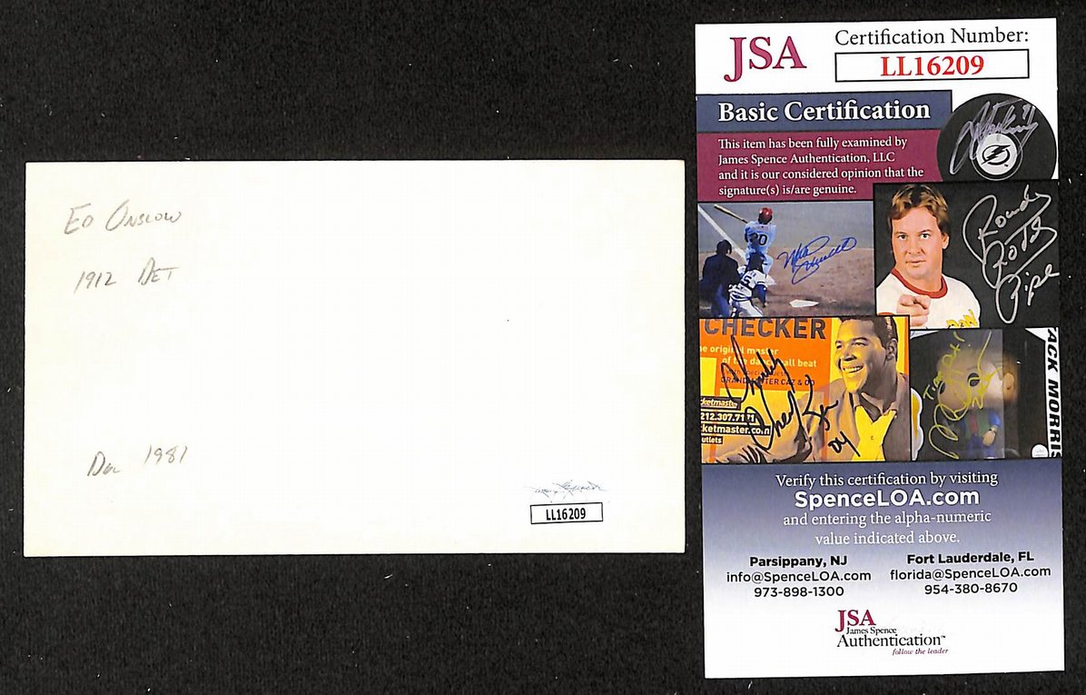 Eddie Onslow Tigers Autographed/Signed 3x5 Index Card JSA BA207684