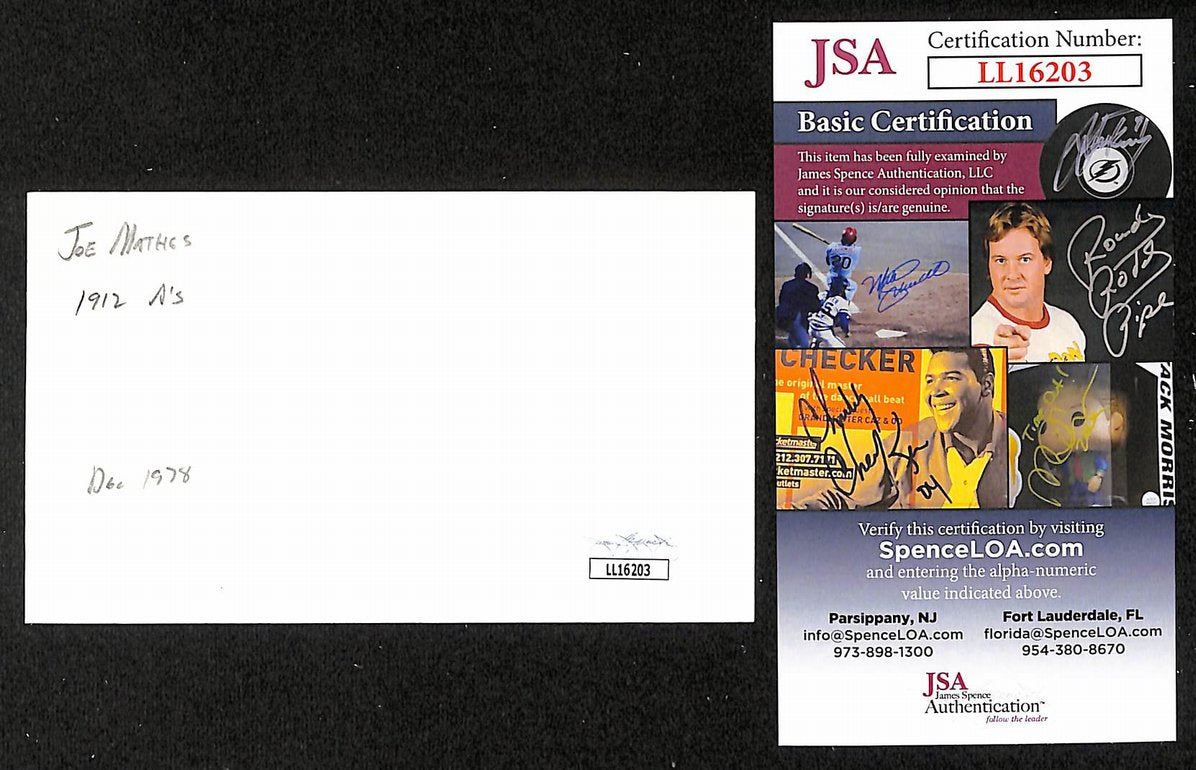 Joe Mathes Athletics Autographed/Signed 3x5 Index Card JSA BA207688