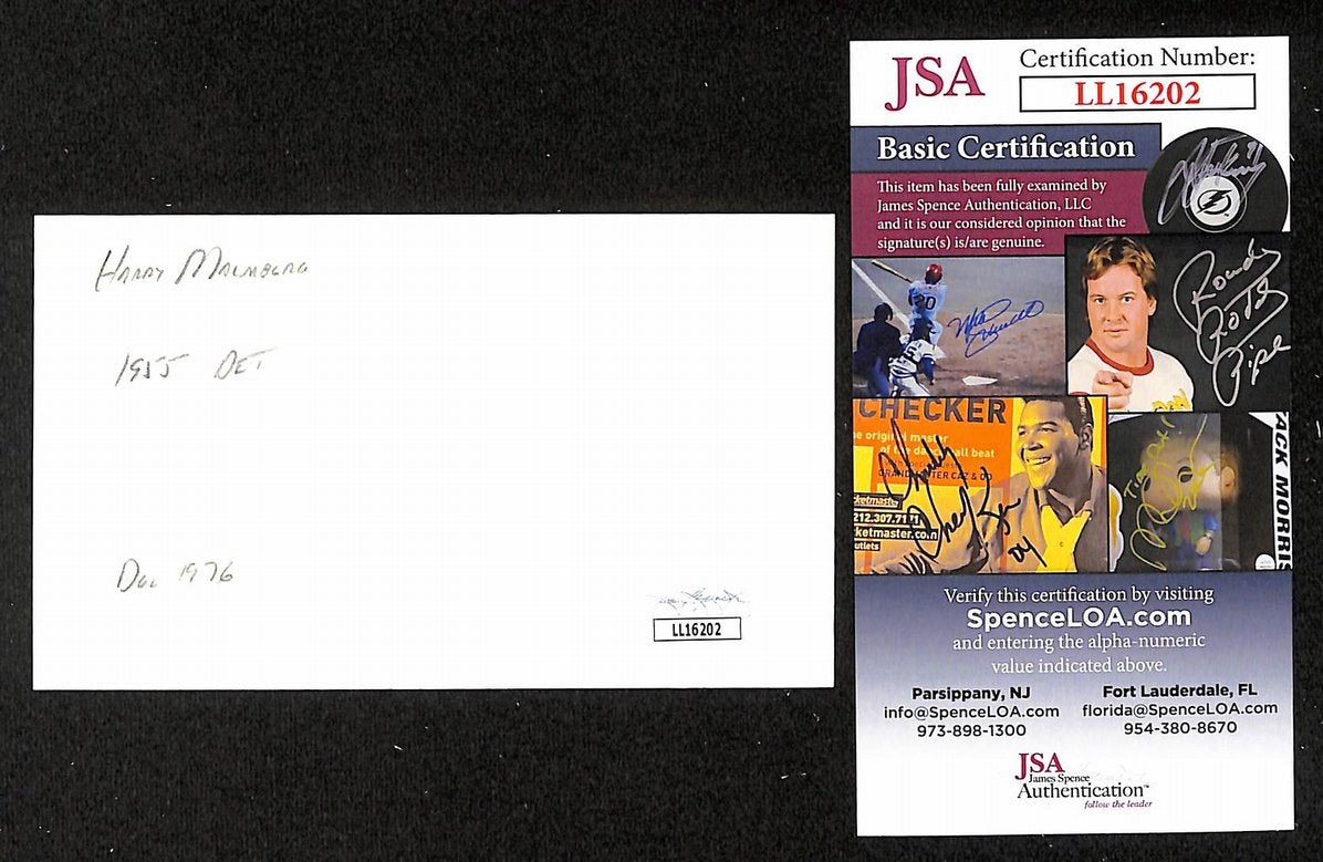 Harry Malmberg Tigers Autographed/Signed 3x5 Index Card JSA BA207689