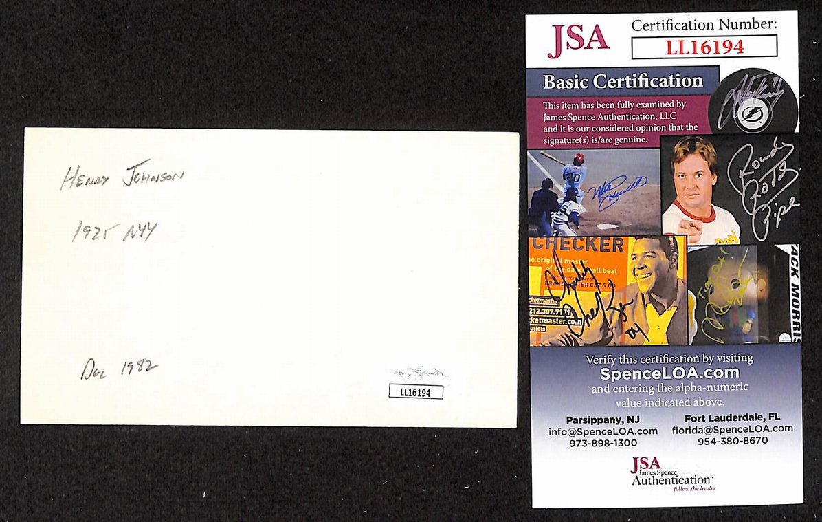 Henry Johnson Yankees Autographed/Signed 3x5 Index Card JSA BA207693