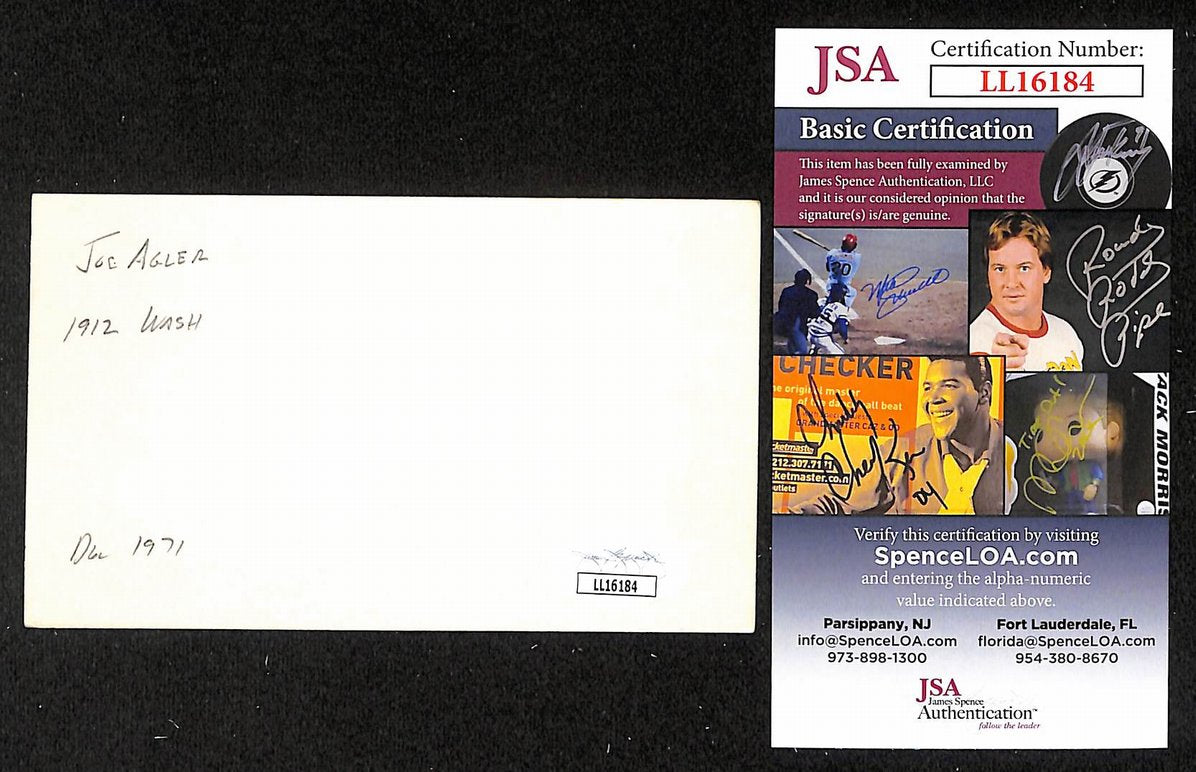 Joe Agler Senators Autographed/Signed 3x5 Index Card JSA BA207702