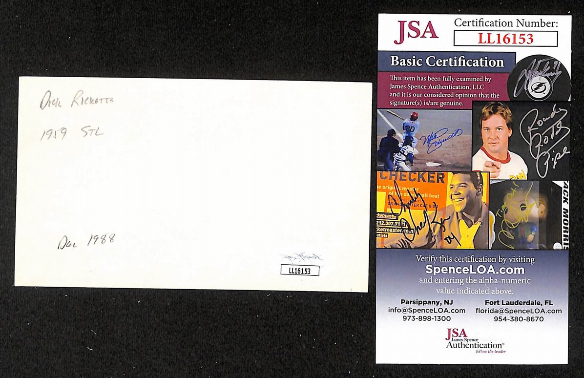 Dick Ricketts Cardinals Autographed/Signed 3x5 Index Card JSA BA207704