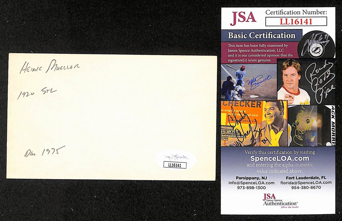 Heinie Mueller Cardinals Autographed/Signed 3x5 Index Card JSA BA207715