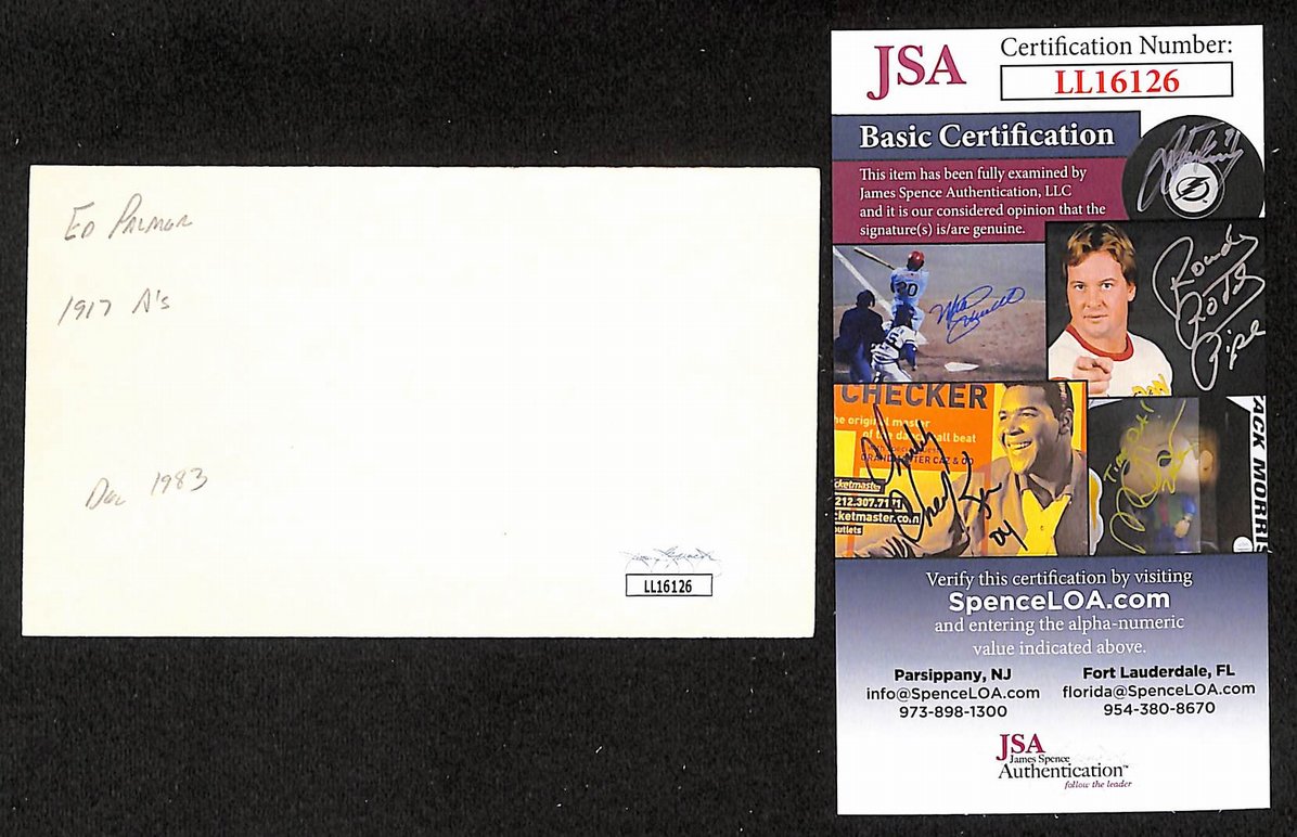 Eddie Palmer Athletics Autographed/Signed 3x5 Index Card JSA BA207728
