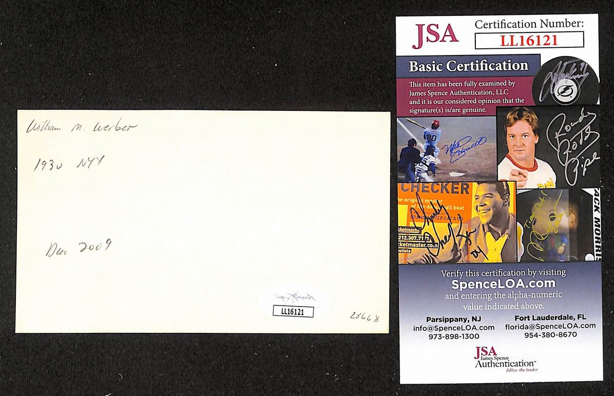 Bill Werber Yankees Autographed/Signed 3x5 Index Card JSA BA207732