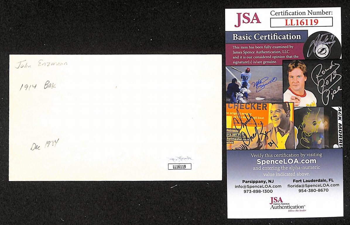 Johnny Enzmann Phillies Autographed/Signed 3x5 Index Card JSA BA207734