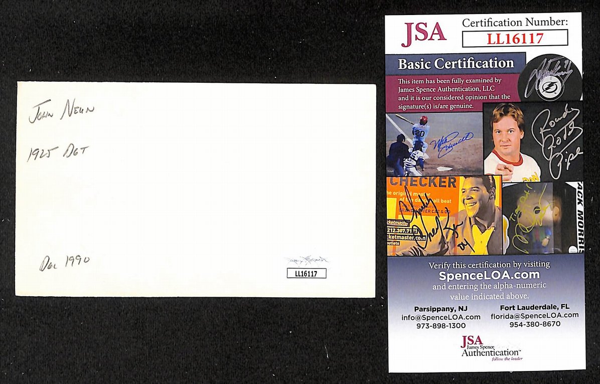 Johnny Neun Yankees Autographed/Signed 3x5 Index Card JSA BA207735