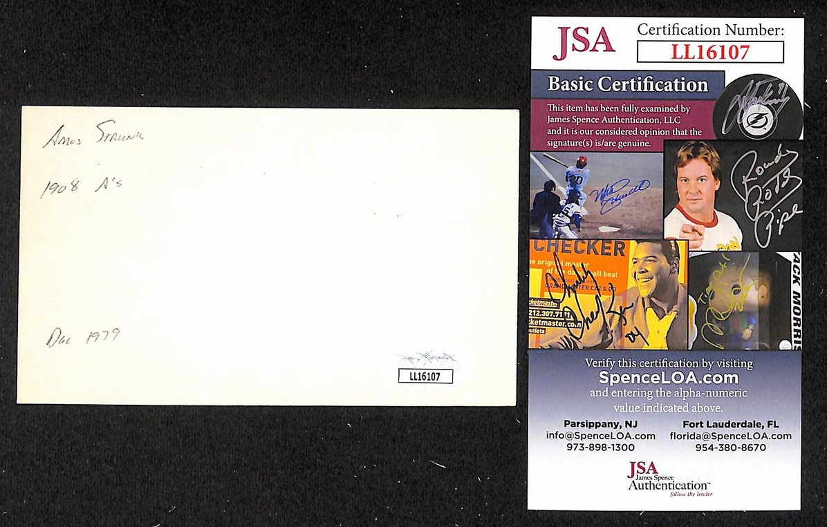 Amos Strunk Athletics Autographed/Signed 3x5 Index Card JSA BA207743