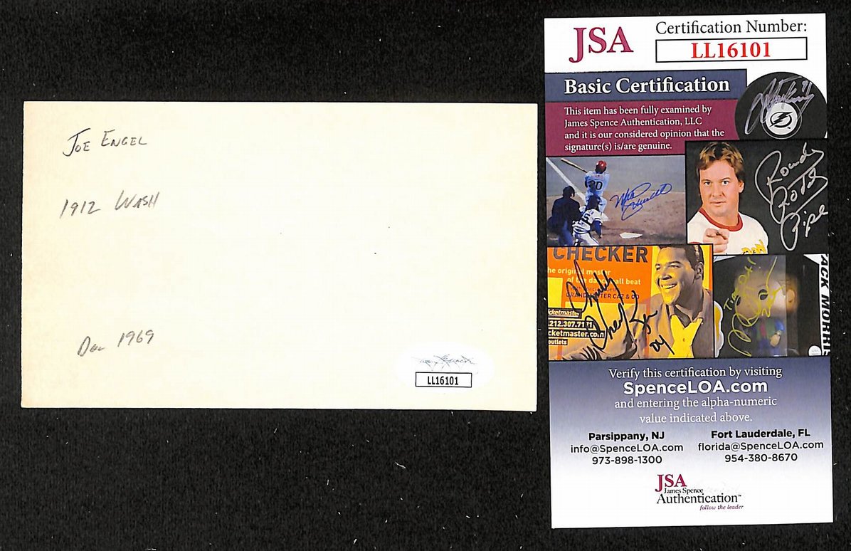 Joe Engel Senators Autographed/Signed 3x5 Index Card JSA BA207747