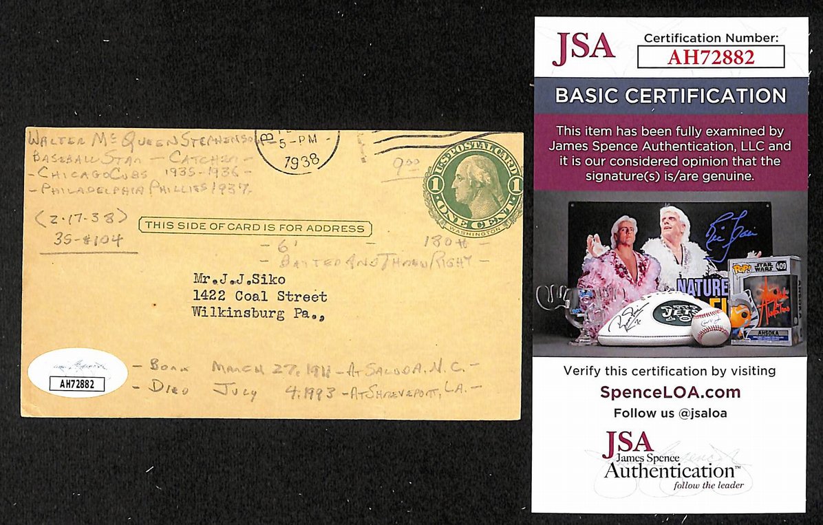 Walter Stephenson Cubs Autographed/Signed 3x5 GPC Postcard JSA BA205782