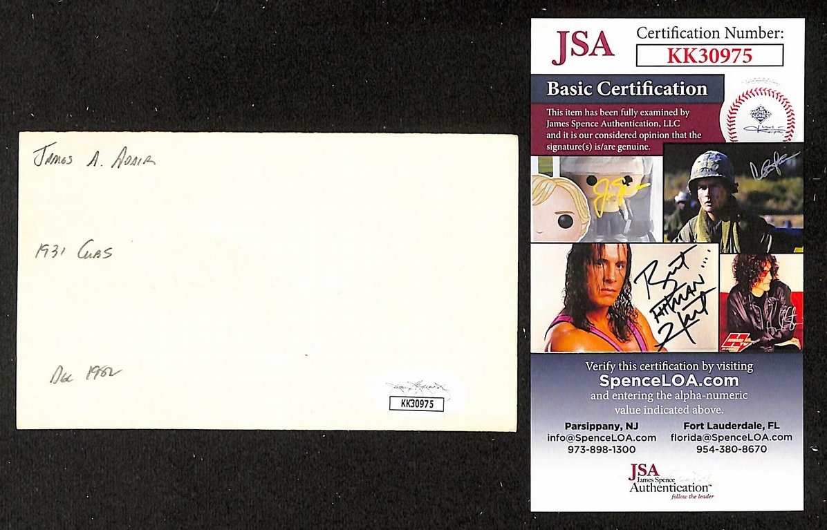 Jimmy Adair Cubs Autographed/Signed 3x5 Index Card JSA BA208381