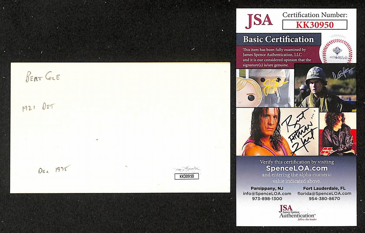 Bert Cole Tigers Autographed/Signed 3x5 Index Card JSA BA208387