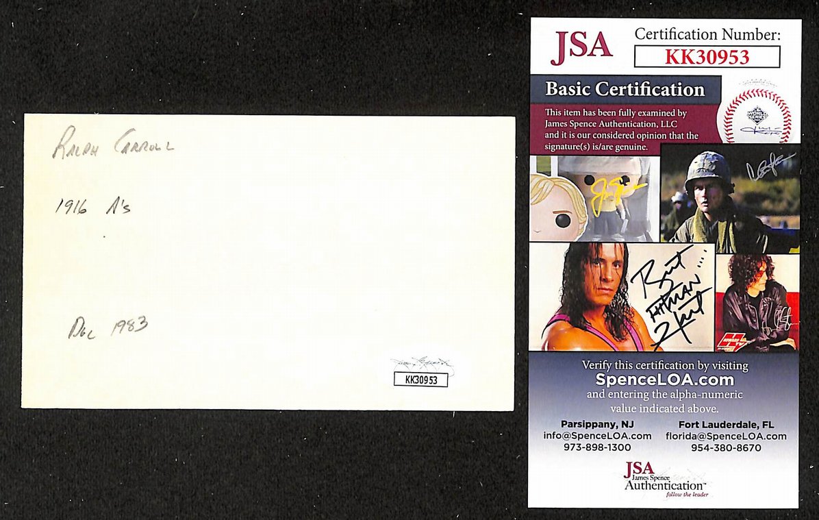 Ralph Carroll Athletics Autographed/Signed 3x5 Index Card JSA BA208390