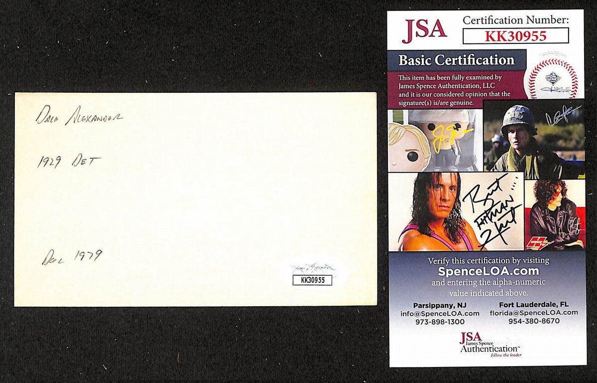 Dale Alexander Tigers Autographed/Signed 3x5 Index Card JSA BA208391