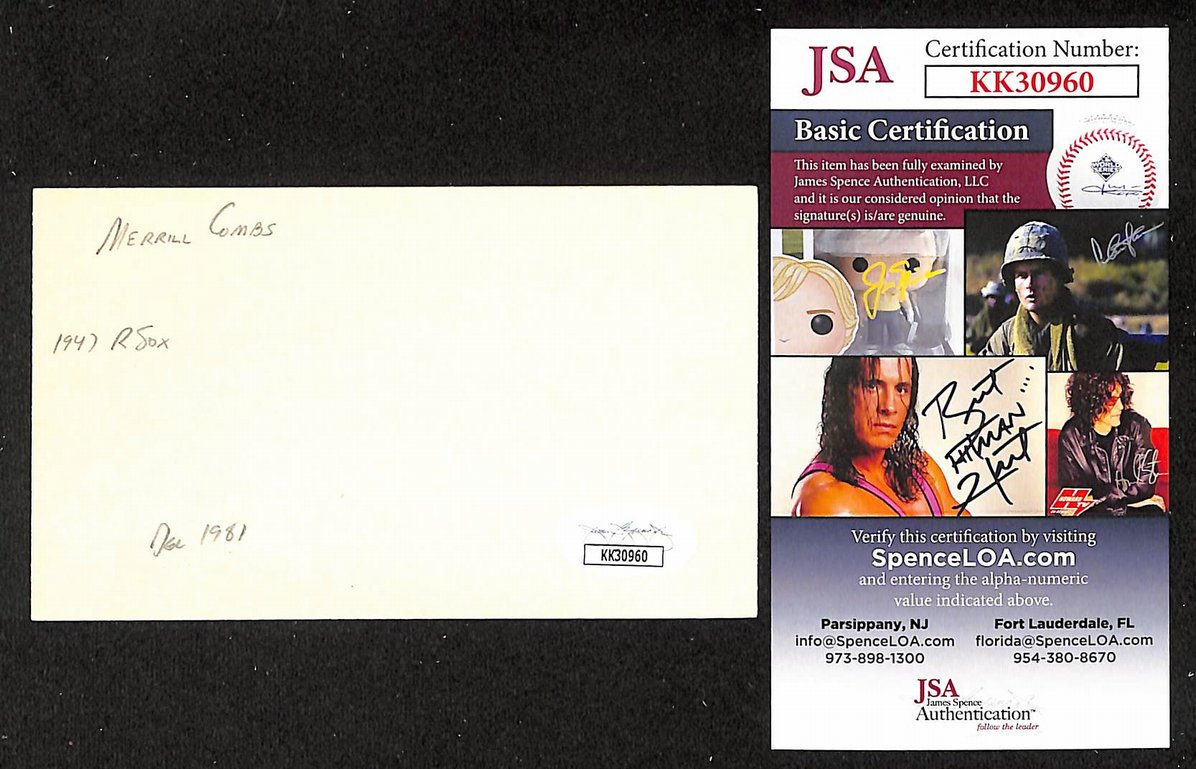 Merrill Combs Red Sox Autographed/Signed 3x5 Index Card JSA BA208400