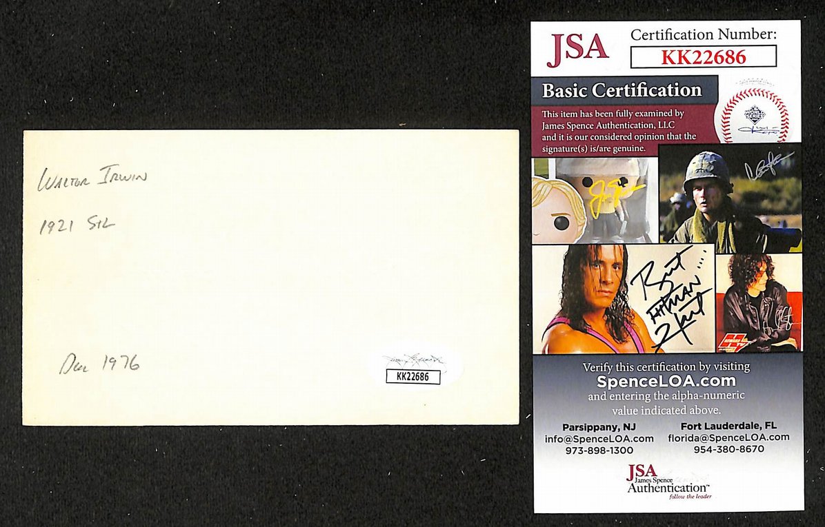 Walter Irwin Cardinals Autographed/Signed 3x5 Index Card JSA BA208407