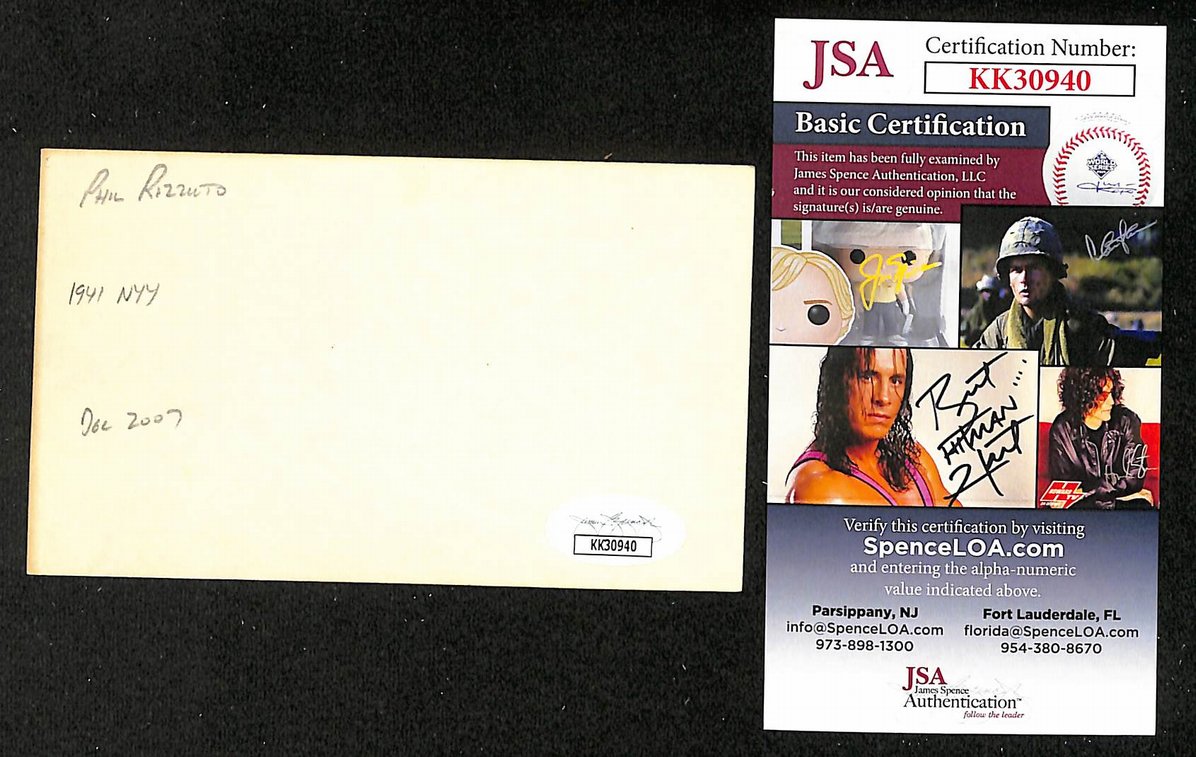 Phil Rizzuto Yankees Autographed/Signed 3x5 Index Card JSA BA208413
