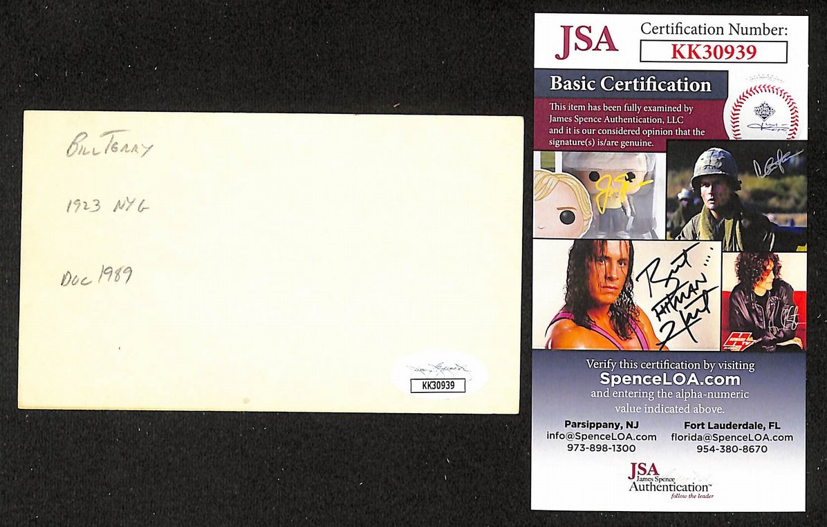 Bill Terry Giants Autographed/Signed 3x5 Index Card JSA BA208414