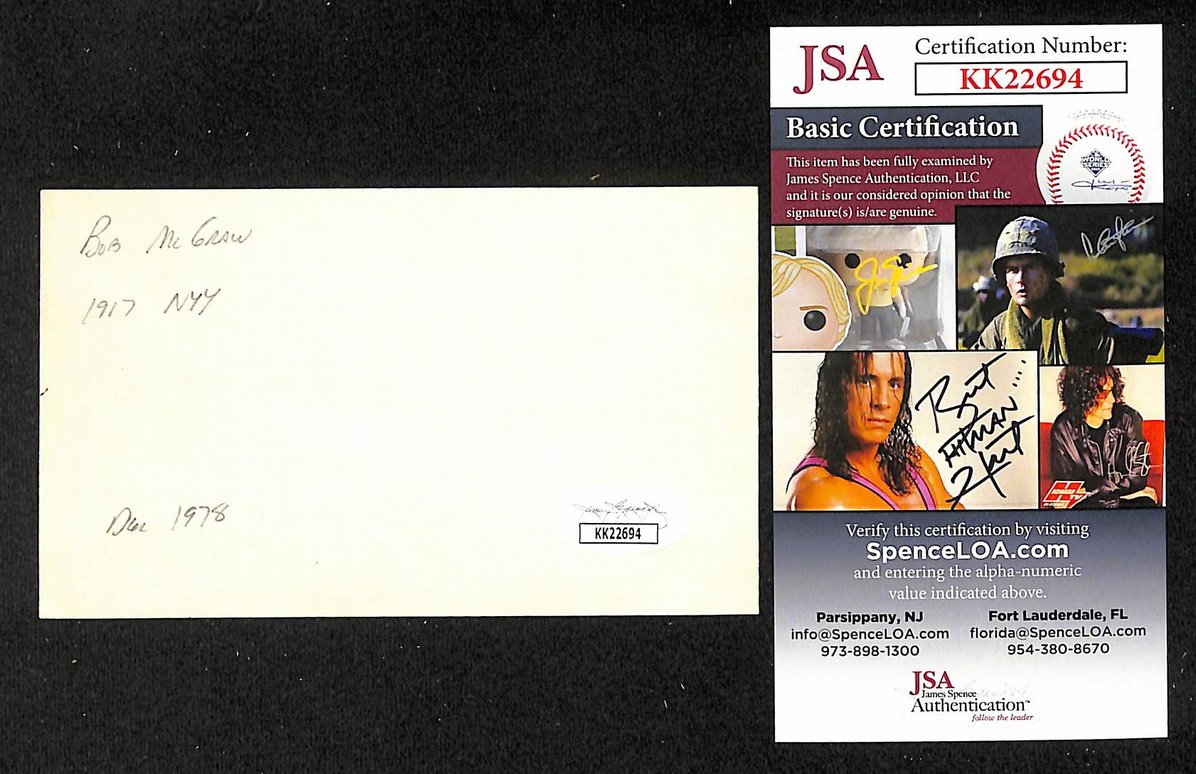 Bob McGraw Yankees Autographed/Signed 3x5 Index Card JSA BA208415