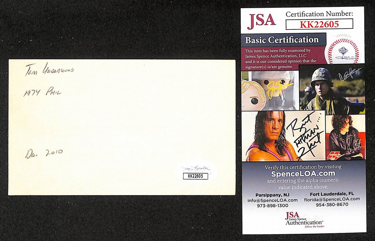 Tom Underwood Phillies Autographed/Signed 3x5 Index Card JSA BA208431
