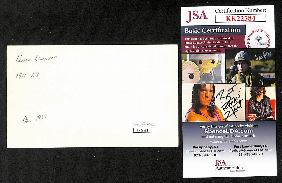 Elmer Leonard Athletics Autographed/Signed 3x5 Index Card JSA BA208438