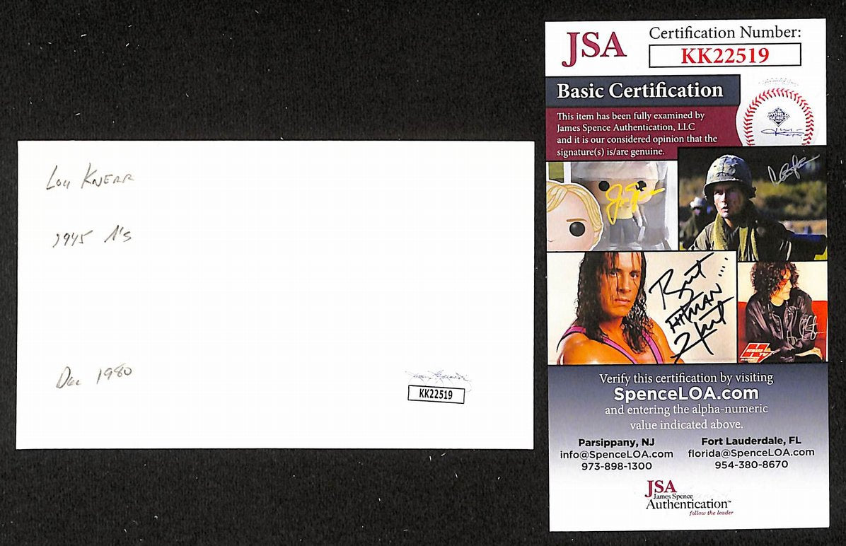 Lou Knerr Athletics Autographed/Signed 3x5 Index Card JSA BA208457