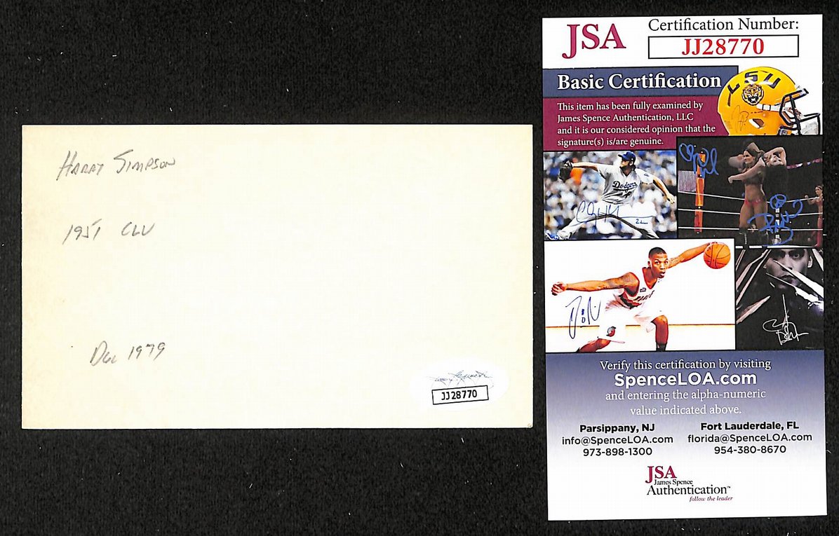 Harry Simpson Indians Autographed/Signed 3x5 Index Card JSA BA208481