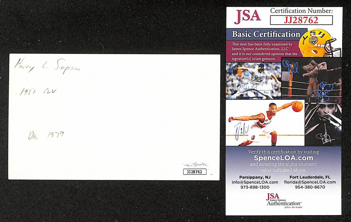Harry Simpson Indians Autographed/Signed 3x5 Index Card JSA BA208483