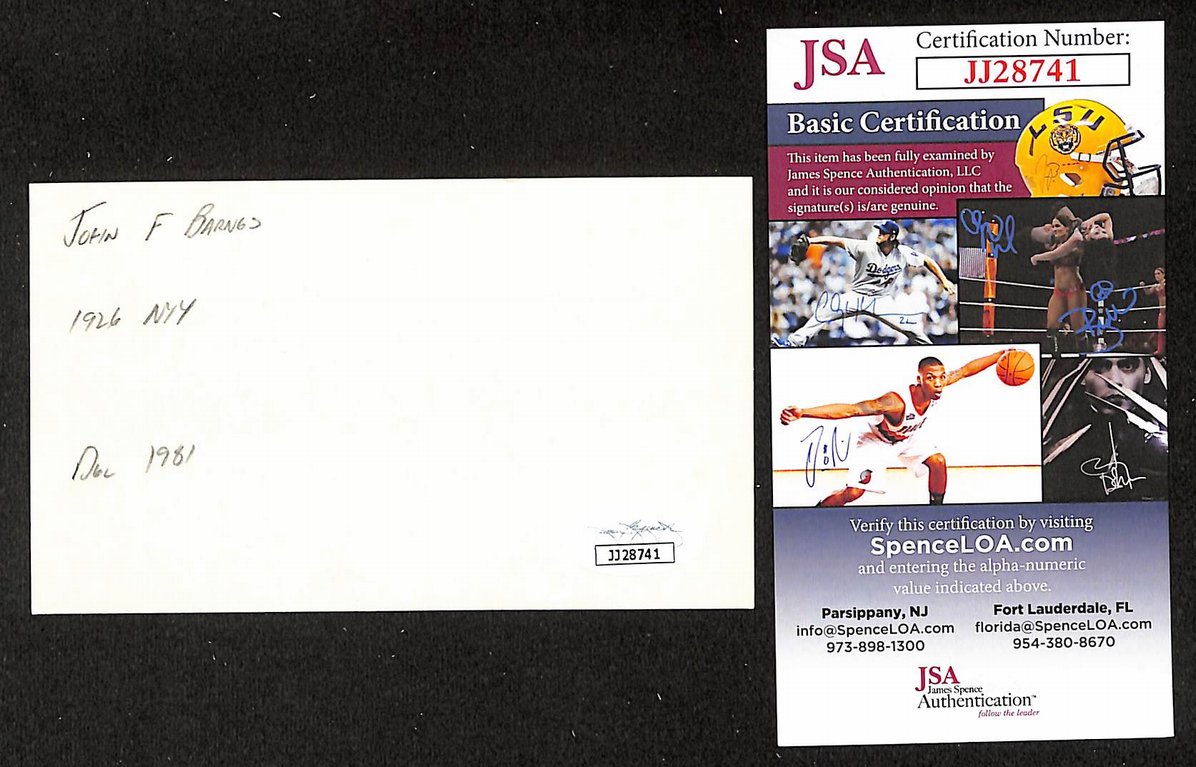 John Barnes Yankees Autographed/Signed 3x5 Index Card JSA BA208489
