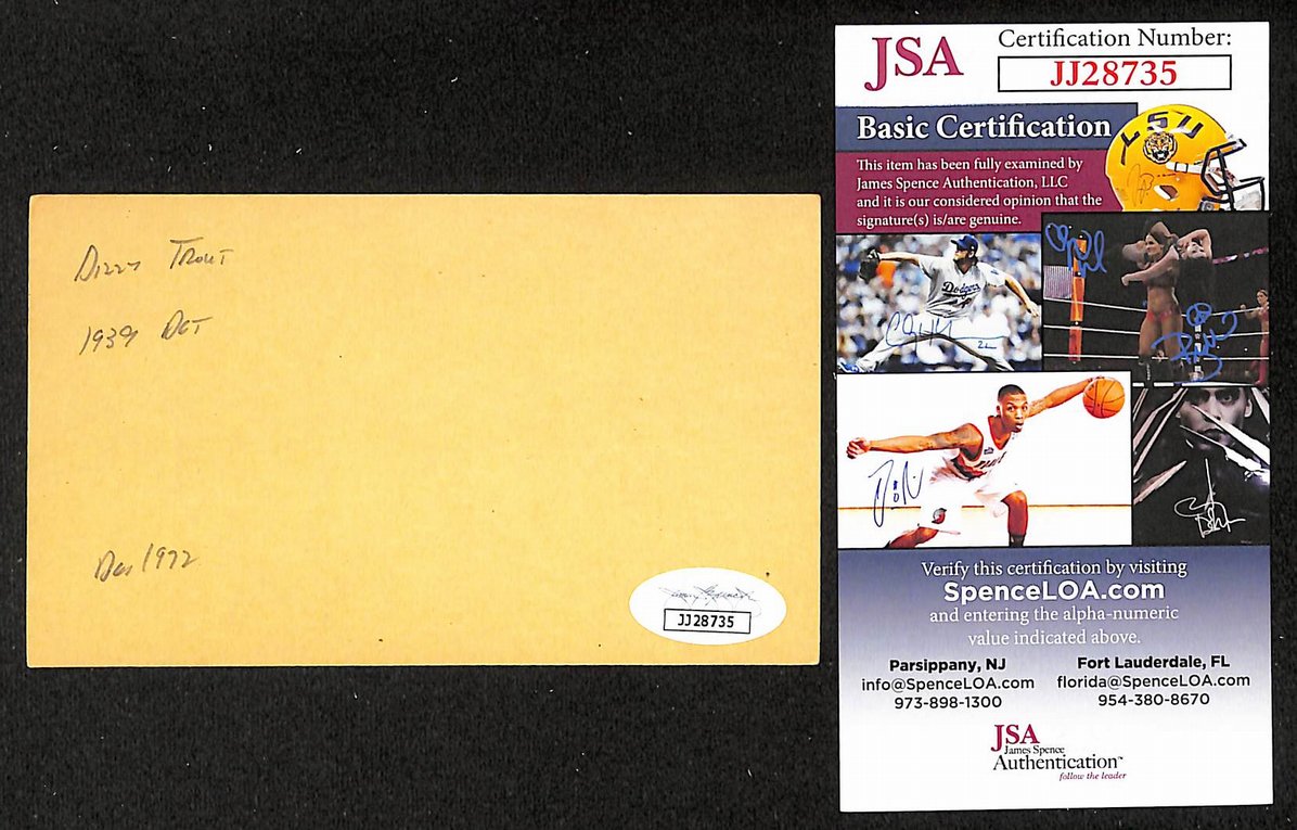 Dizzy Trout Tigers Autographed/Signed 3x5 Index Card JSA BA208490