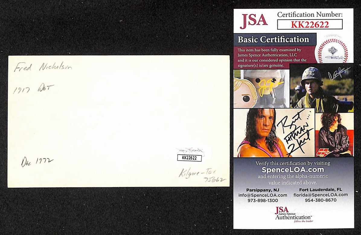 Fred Nicholson Pirates Autographed/Signed 3x5 Index Card JSA BA207874