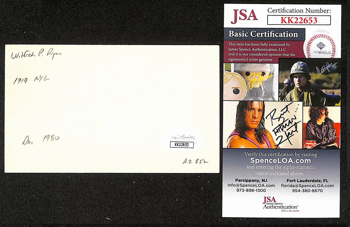 Rosy Ryan Giants Autographed/Signed 3x5 Index Card JSA BA207878