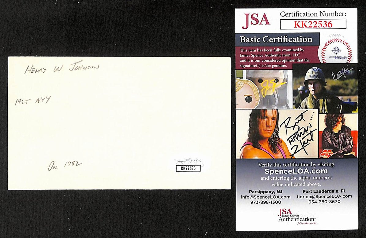 Henry Johnson Yankees Autographed/Signed 3x5 Index Card JSA BA207888