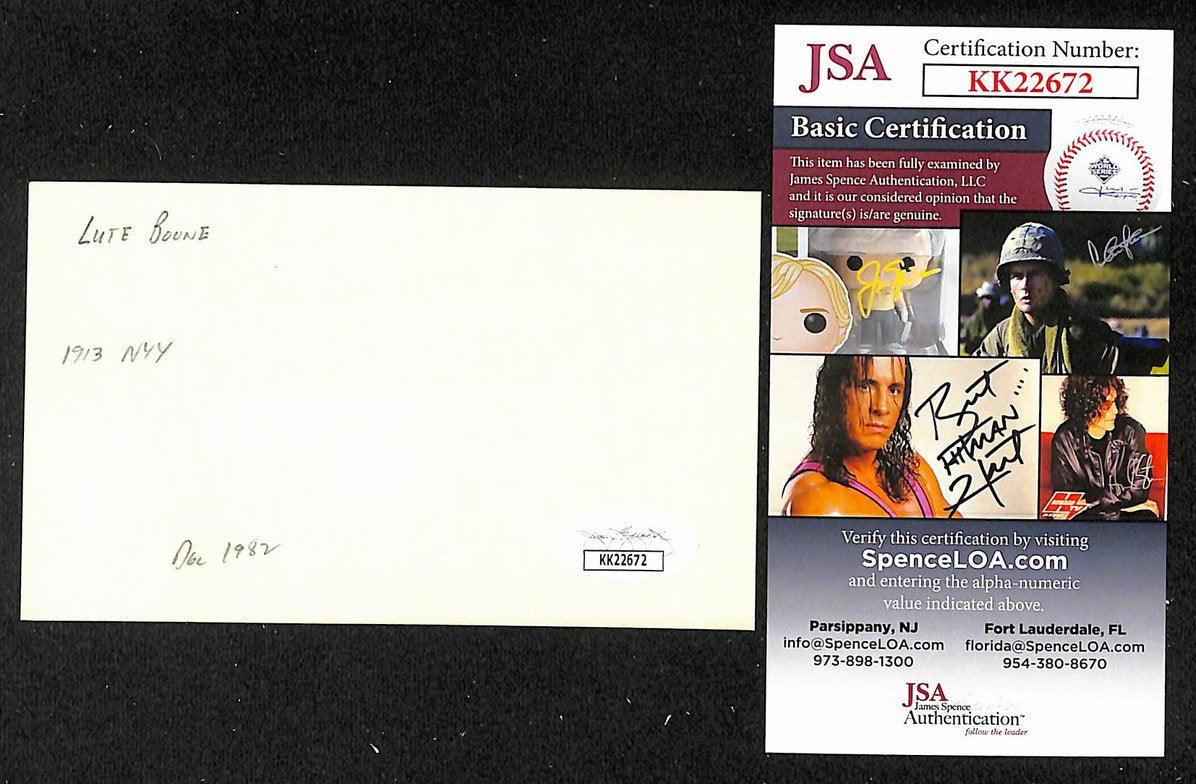Lute Boone Yankees Autographed/Signed 3x5 Index Card JSA BA207891