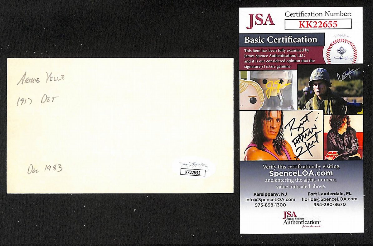 Archie Yelle Tigers Autographed/Signed 3x5 Index Card JSA BA207897