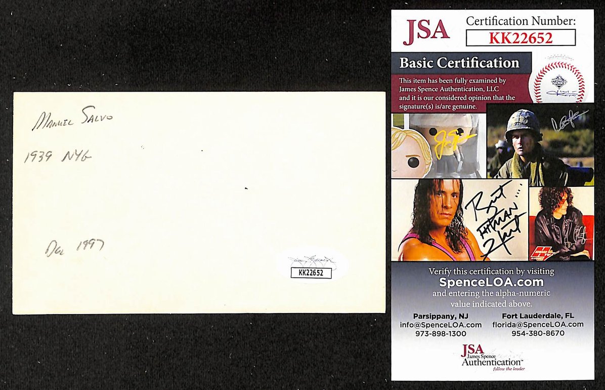 Manny Salvo Giants Autographed/Signed 3x5 Index Card JSA BA207899