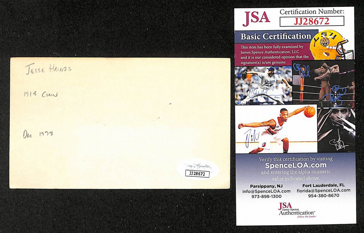 Jesse Haines Cardinals Autographed/Signed 3x5 Index Card HOF JSA BA208503